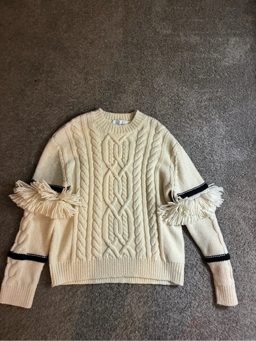 Pearl by Lela Rose cream Cable Knit Sweater with Fringe Sleeve Detail
